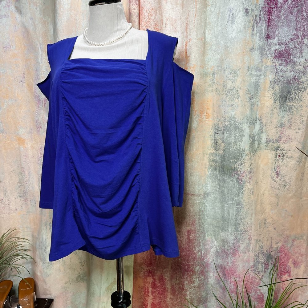 📌The Pyramid Collection Royal Blue Cold Shoulder Waterfall Front Top - Picture 2 of 15